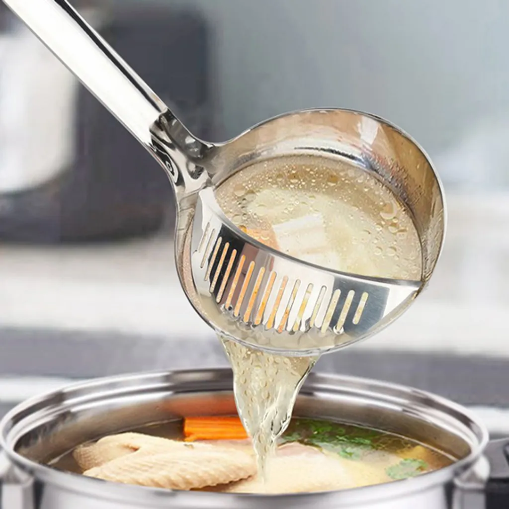 Edelstahl langes Griff Suppe Food Separator Küche Colander Filterlöffel
